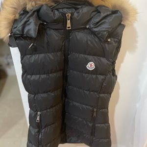 Moncler Black Puffer Vest with Fur Trim